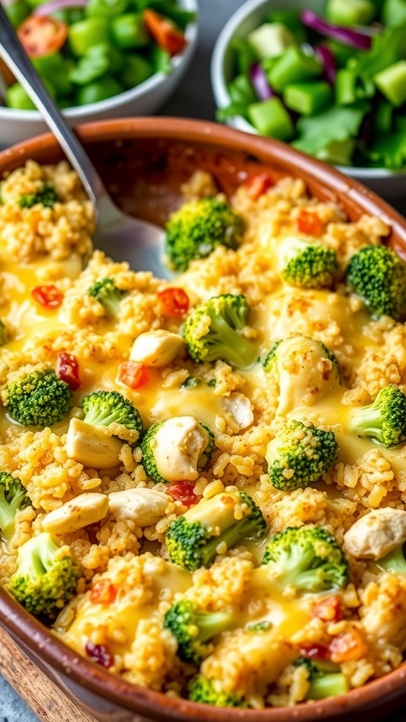 A healthy chicken broccoli quinoa casserole with melted cheese, served in a baking dish.